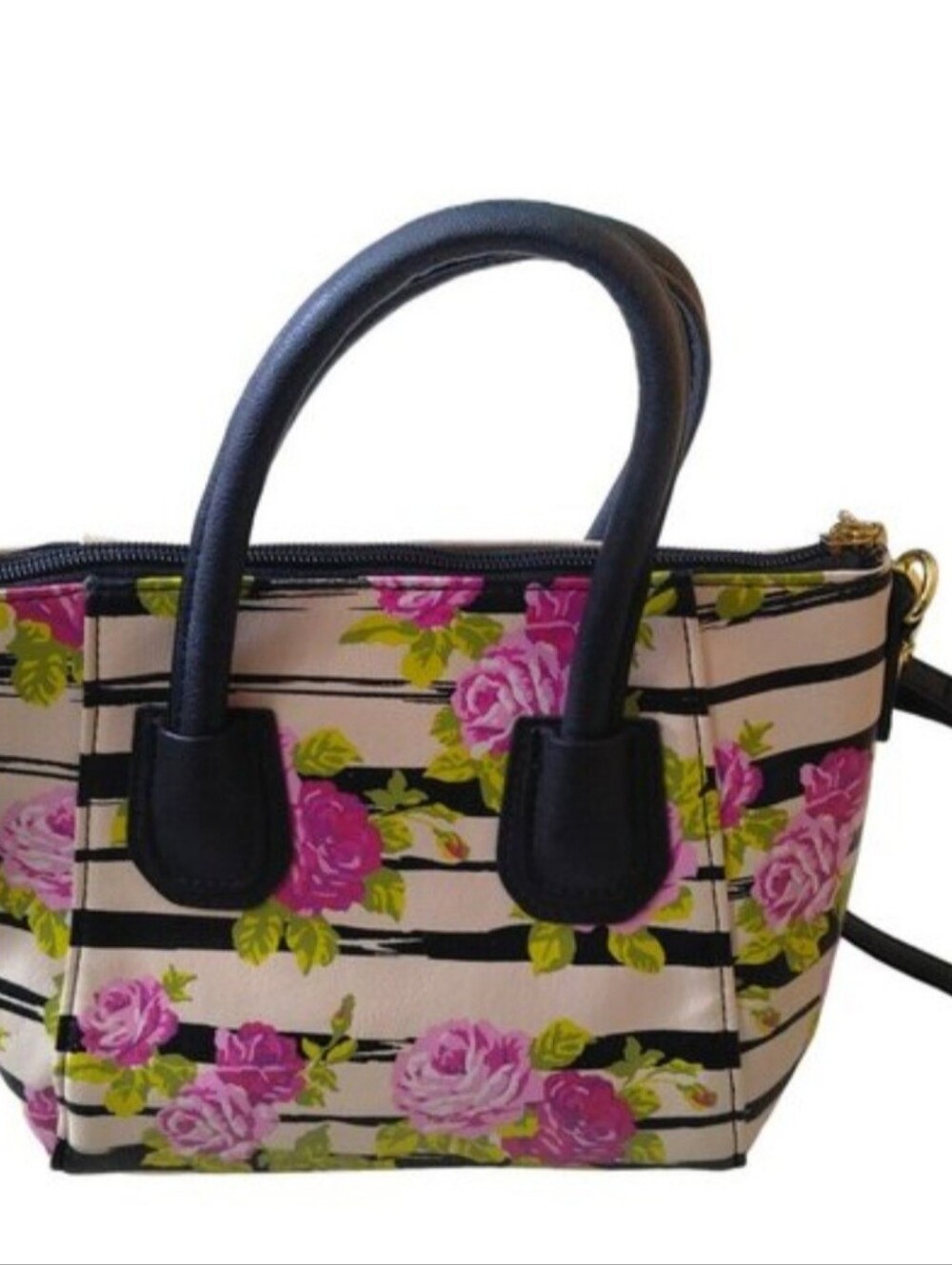 Adorable Betsey Johnson Pink Roses & Stripes Double Handle Crossbody Purse